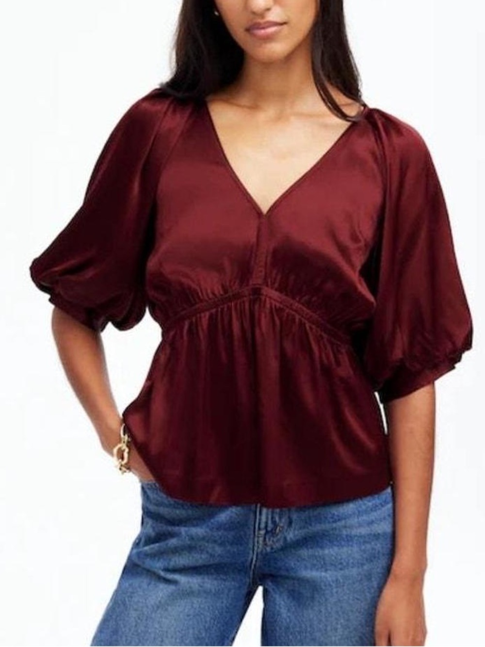 Madewell Burgundy Satin V-Neck Puff Sleeve Blouse Sz L